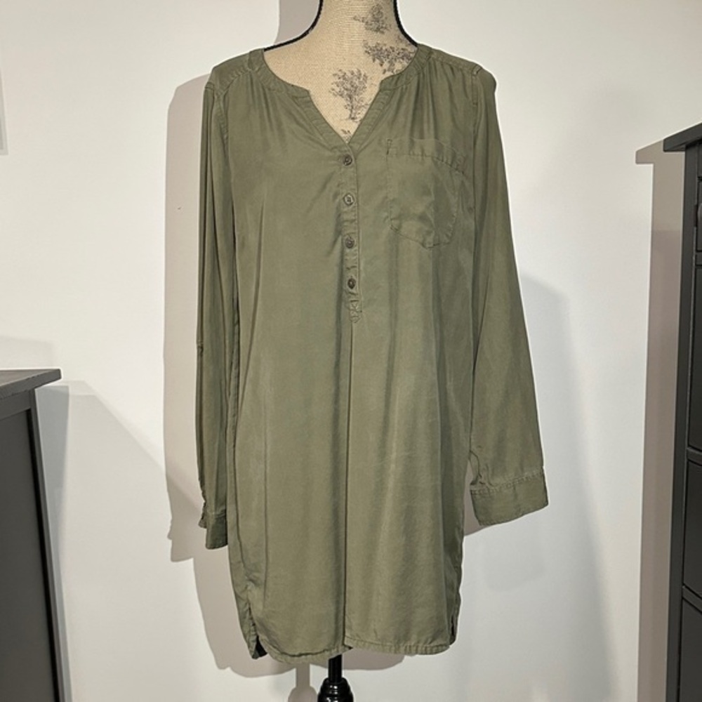 Express Olive Green Long rolled tab Sleeve Tunic shirt mini dress size large